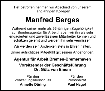 Traueranzeige von Manfred Berges von Nordwest-Zeitung