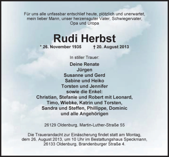 Traueranzeige von Rudi Herbst von Nordwest-Zeitung