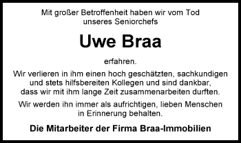 Traueranzeige von Uwe Braa von Nordwest-Zeitung