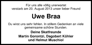 Traueranzeige von Uwe Braa von Nordwest-Zeitung