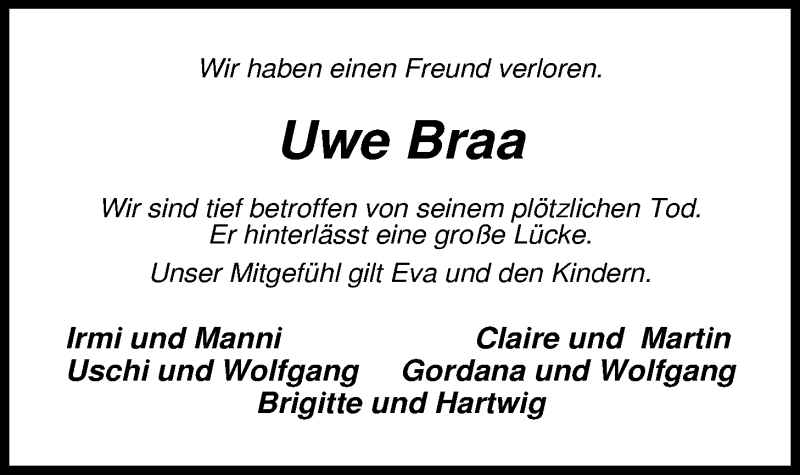  Traueranzeige für Uwe Braa vom 24.08.2013 aus Nordwest-Zeitung