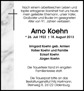Traueranzeige von Arno Koehn von Nordwest-Zeitung