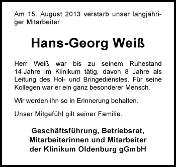 Traueranzeige von Hans-Georg Weiß von Nordwest-Zeitung