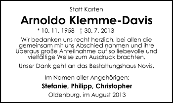 Traueranzeige von Arnoldo Klemme-Davis von Nordwest-Zeitung