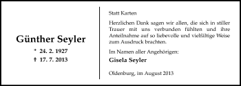 Traueranzeige von Günther Seyler von Nordwest-Zeitung