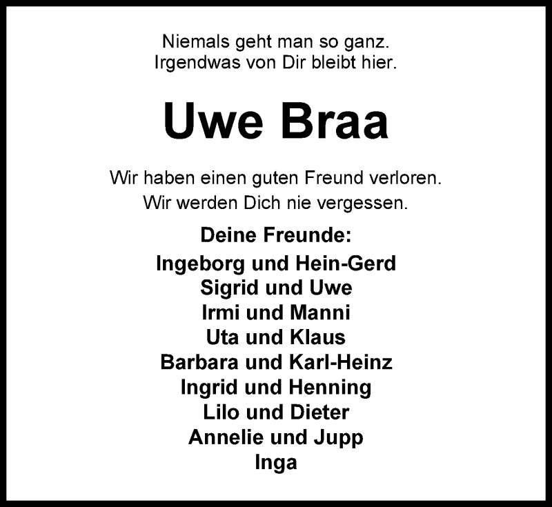  Traueranzeige für Uwe Braa vom 24.08.2013 aus Nordwest-Zeitung