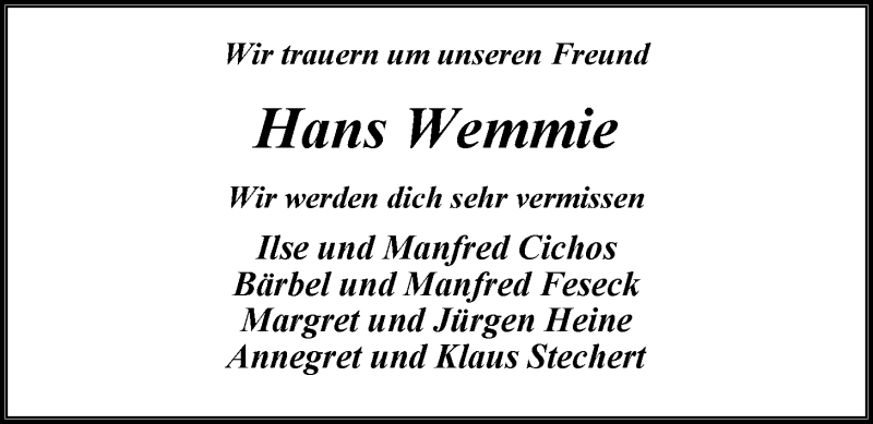  Traueranzeige für Hans Wemmie vom 24.08.2013 aus Nordwest-Zeitung