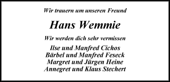 Traueranzeige von Hans Wemmie von Nordwest-Zeitung