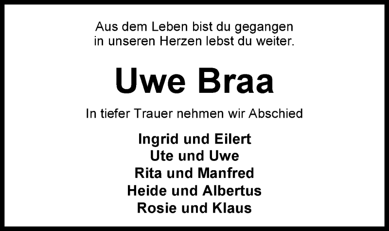  Traueranzeige für Uwe Braa vom 24.08.2013 aus Nordwest-Zeitung