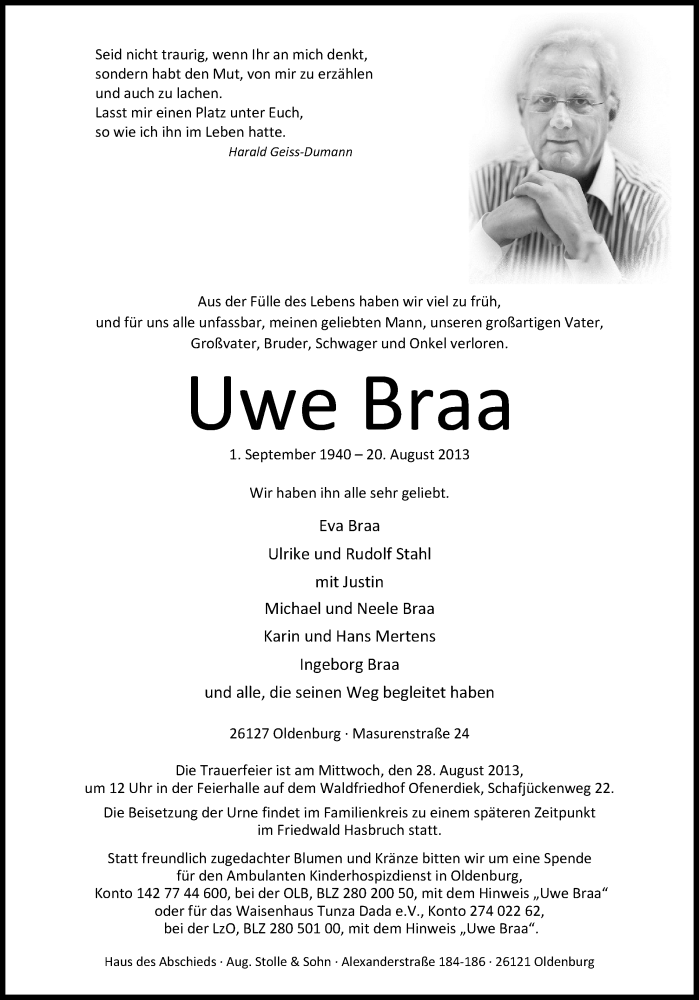  Traueranzeige für Uwe Braa vom 24.08.2013 aus Nordwest-Zeitung