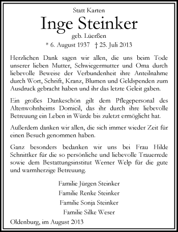 Traueranzeige von Inge Steinker von Nordwest-Zeitung