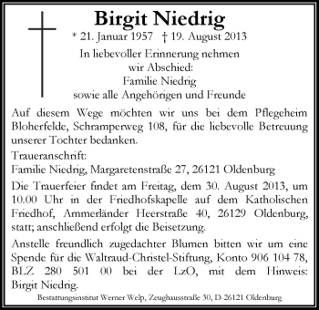 Traueranzeige von Birgit Niedrig von Nordwest-Zeitung