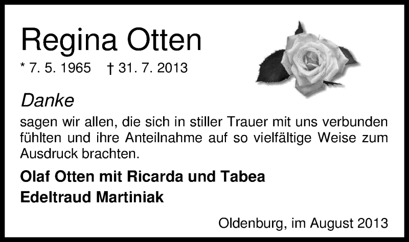  Traueranzeige für Regina Otten vom 31.08.2013 aus Nordwest-Zeitung
