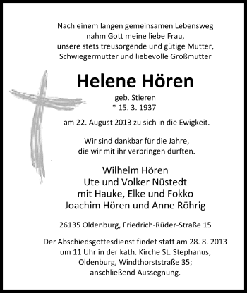 Traueranzeige von Helene Hören von Nordwest-Zeitung