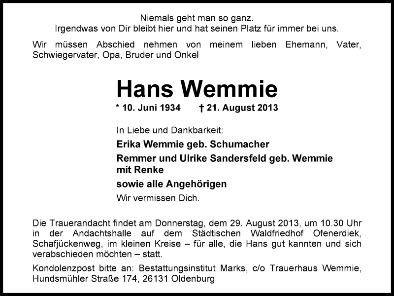 Traueranzeige für Hans Wemmie vom 24.08.2013 aus Nordwest-Zeitung
