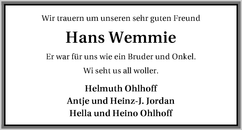  Traueranzeige für Hans Wemmie vom 26.08.2013 aus Nordwest-Zeitung