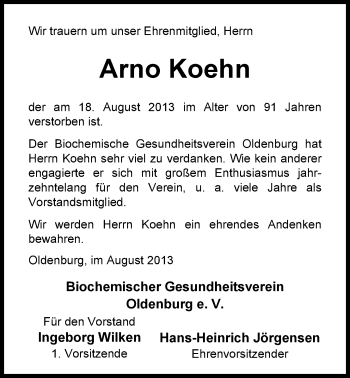 Traueranzeige von Arno Koehn von Nordwest-Zeitung