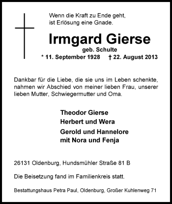Traueranzeige von Irmgard Gierse von Nordwest-Zeitung