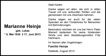 Traueranzeige von Marianne Heinje von Nordwest-Zeitung