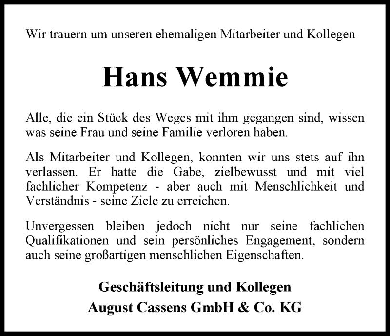  Traueranzeige für Hans Wemmie vom 27.08.2013 aus Nordwest-Zeitung
