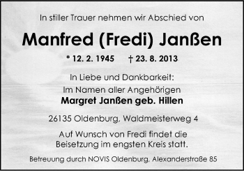 Traueranzeige von Manfred Janßen von Nordwest-Zeitung