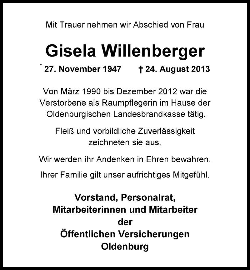 Traueranzeige für Gisela Willenberger vom 28.08.2013 aus Nordwest-Zeitung