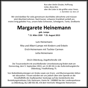 Traueranzeige von Margarete Heinemann von Nordwest-Zeitung