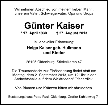 Traueranzeige von Günter Kaiser von Nordwest-Zeitung