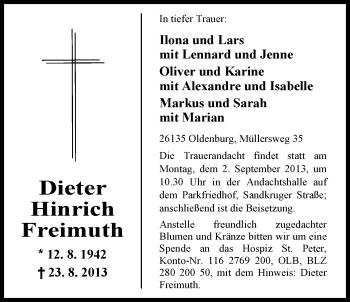 Traueranzeige von Dieter Hinrich Freimuth von Nordwest-Zeitung