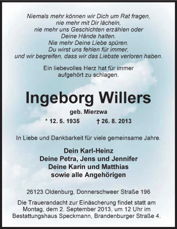 Traueranzeige von Ingeborg Willers von Nordwest-Zeitung