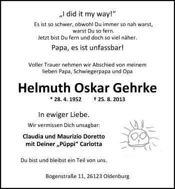 Traueranzeige von Helmuth Oskar Gehrke von Nordwest-Zeitung