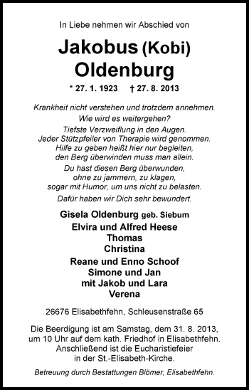 Traueranzeige von Jakobus Oldenburg von Nordwest-Zeitung