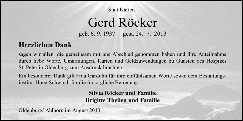  Traueranzeige für Gerhard Röcker vom 31.08.2013 aus Nordwest-Zeitung