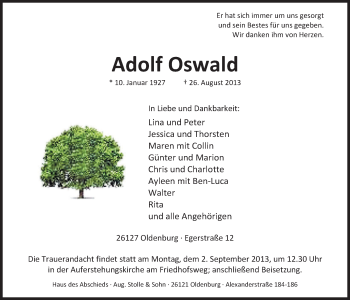 Traueranzeige von Adolf Oswald von Nordwest-Zeitung