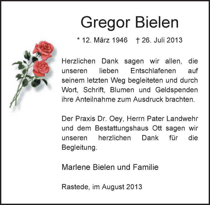  Traueranzeige für Gregor Bielen vom 31.08.2013 aus Nordwest-Zeitung