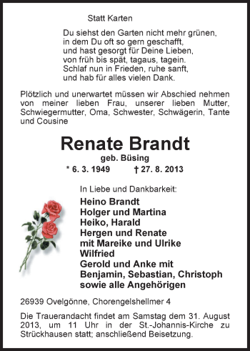 Traueranzeige von Renate Brandt von Nordwest-Zeitung