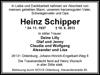 Traueranzeige von Heinz Schipper von Nordwest-Zeitung