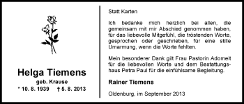 Traueranzeige von Helga Tiemens von Nordwest-Zeitung