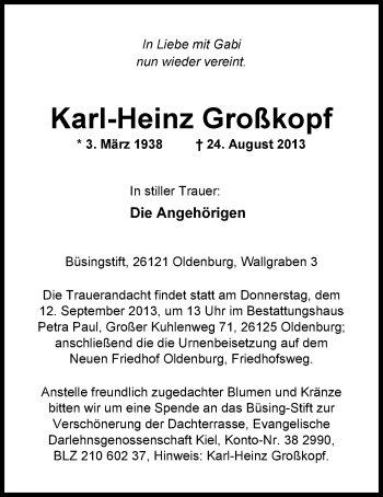 Traueranzeige von Karl-Heinz Großkopf von Nordwest-Zeitung