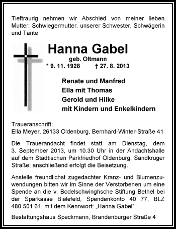 Traueranzeige von Hanna Gabel von Nordwest-Zeitung