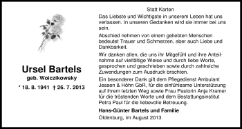 Traueranzeige von Ursel Bartels von Nordwest-Zeitung