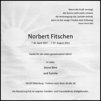 Traueranzeige von Norbert Fitschen von Nordwest-Zeitung