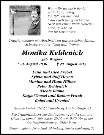 Traueranzeige von Monika Keldenich von Nordwest-Zeitung