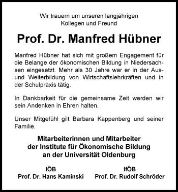 Traueranzeige von Manfred Hübner von Nordwest-Zeitung