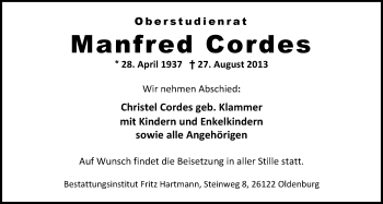 Traueranzeige von Manfred Cordes von Nordwest-Zeitung