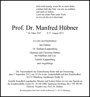 Traueranzeige von Manfred Hübner von Nordwest-Zeitung