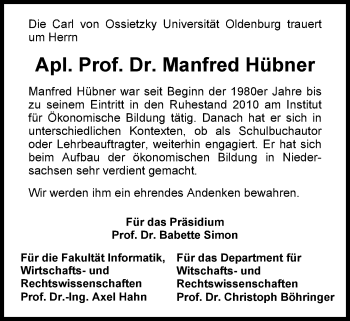 Traueranzeige von Manfred Hübner von Nordwest-Zeitung