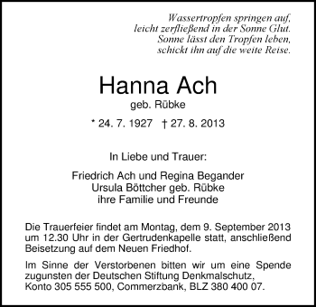 Traueranzeige von Hanna Ach von Nordwest-Zeitung