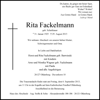 Traueranzeige von Rita Fackelmann von Nordwest-Zeitung