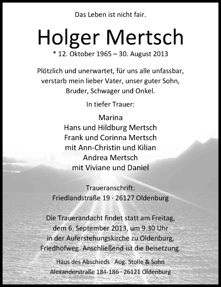  Traueranzeige für Holger Mertsch vom 03.09.2013 aus Nordwest-Zeitung